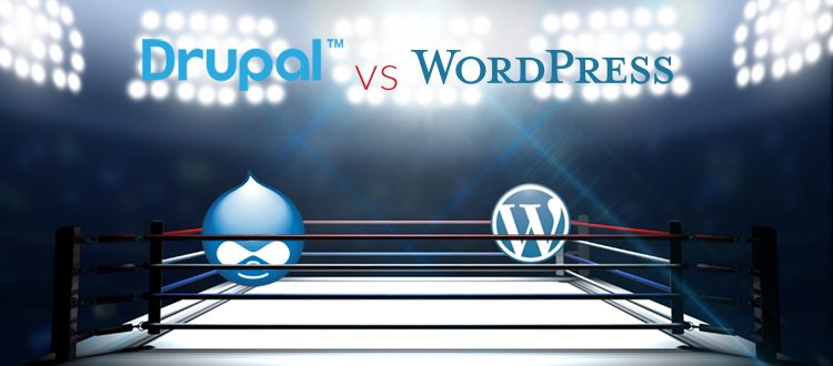 Image of drupal and wordpress icons in a boxing ring